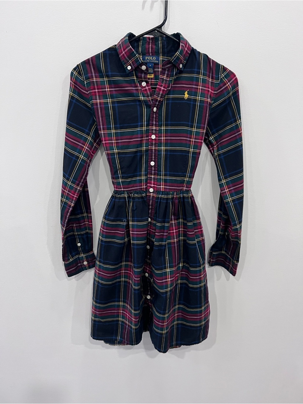 Polo Ralph Lauren Girls Plaid Shirt Dress Size 16 Navy, Red, Green Button Front